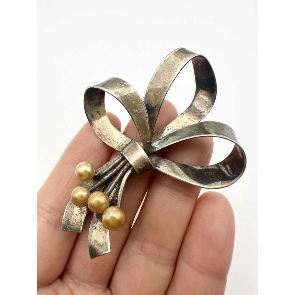 Vintage Sterling Silver Pearl Bow Tie Brooch Pin